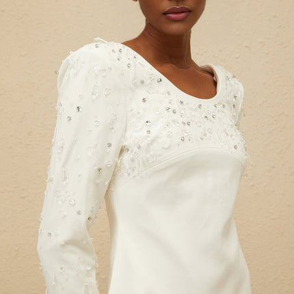 Zelmira White Sequin Crystal Embellished Mini Dress
