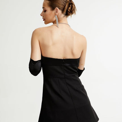 Zephyra Black Lace Trim Mini Dress structured fit double-breasted button front sleeveless lace trims adjustable laced waist back zipper closure elegance luxury style