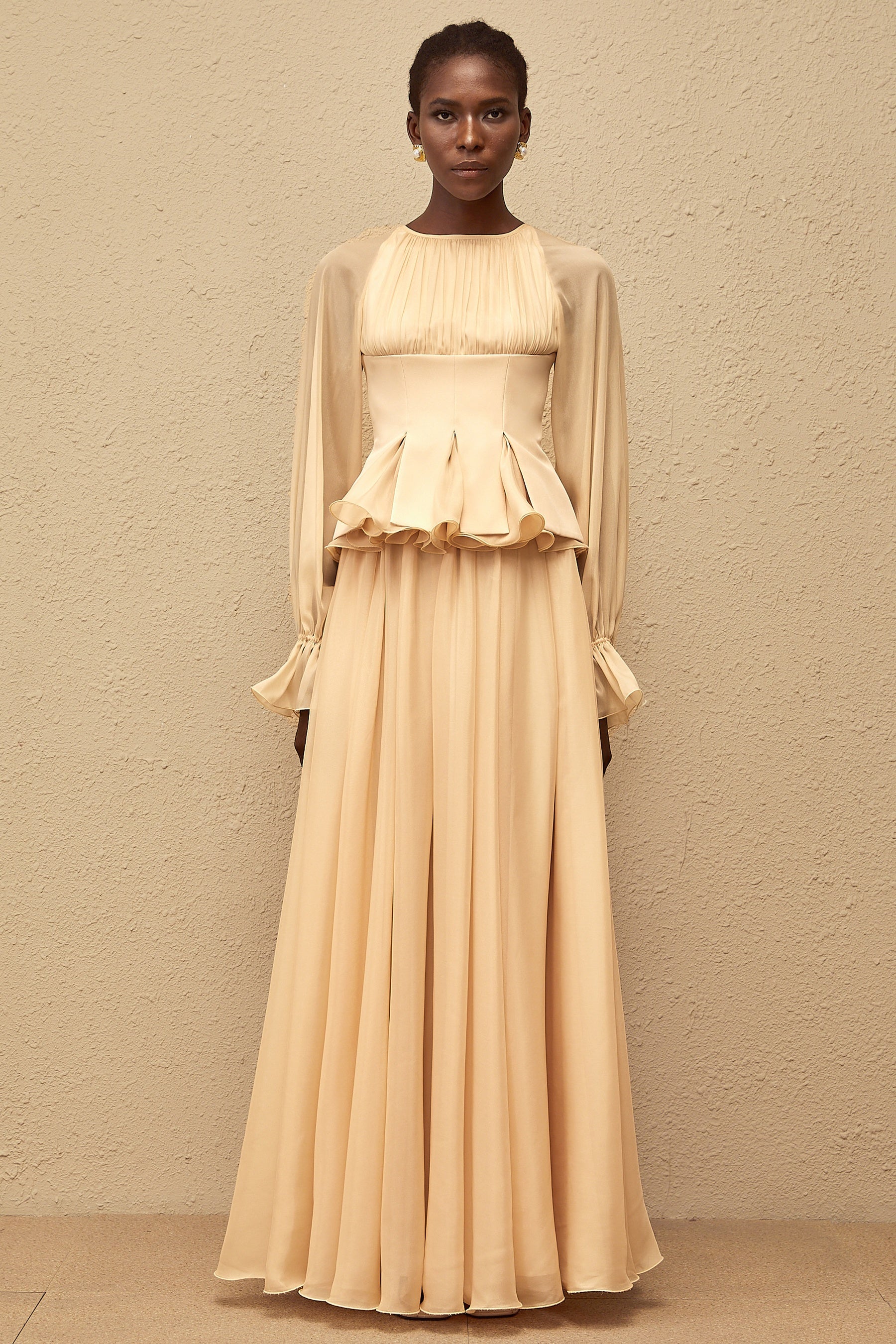 Zéphyrine Neutral Shirred Chiffon Blouse  Skirt Set
