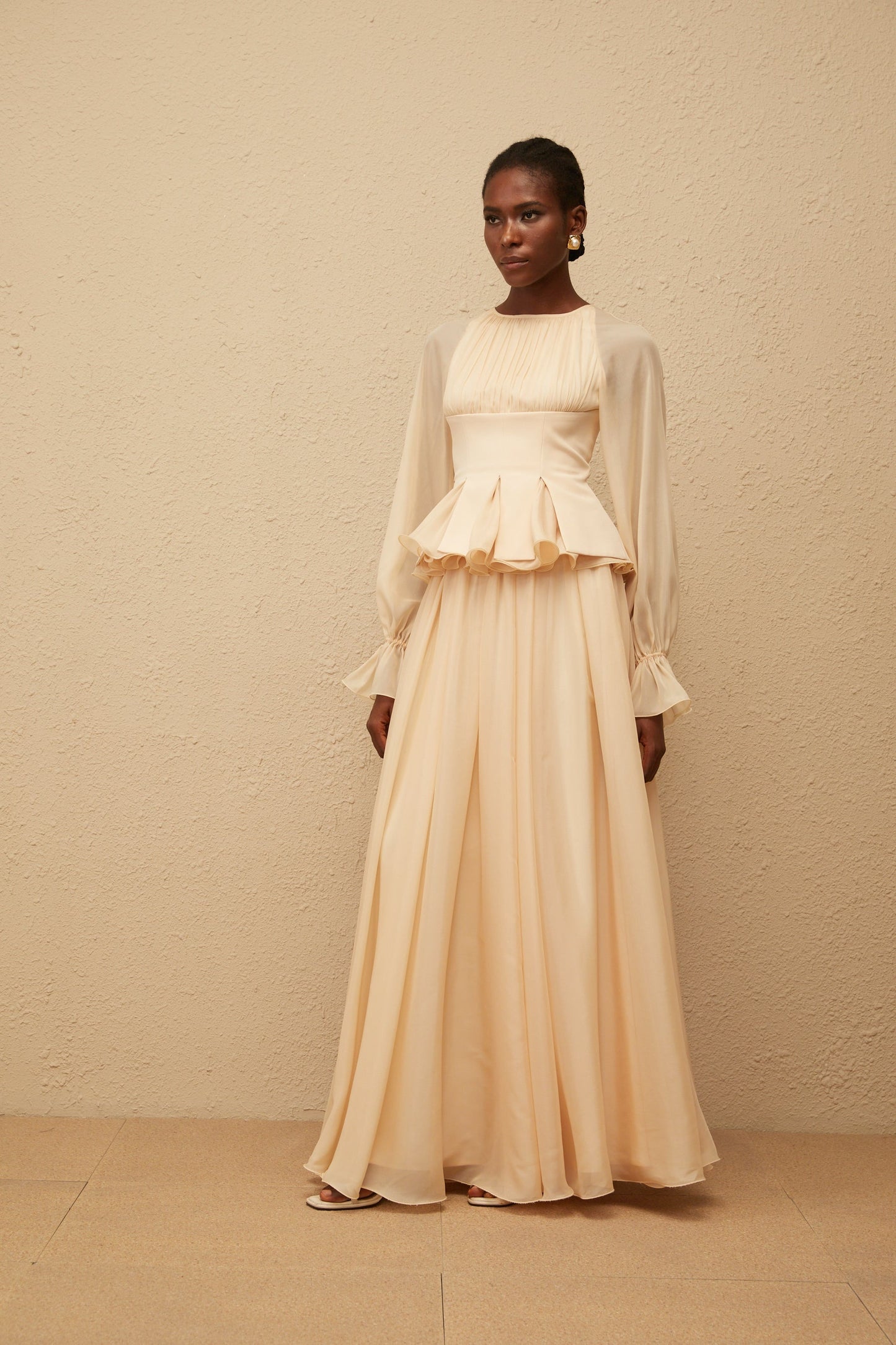 Zéphyrine Neutral Shirred Chiffon Blouse  Skirt Set
