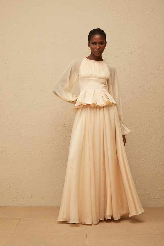 Zéphyrine Neutral Shirred Chiffon Blouse  Skirt Set