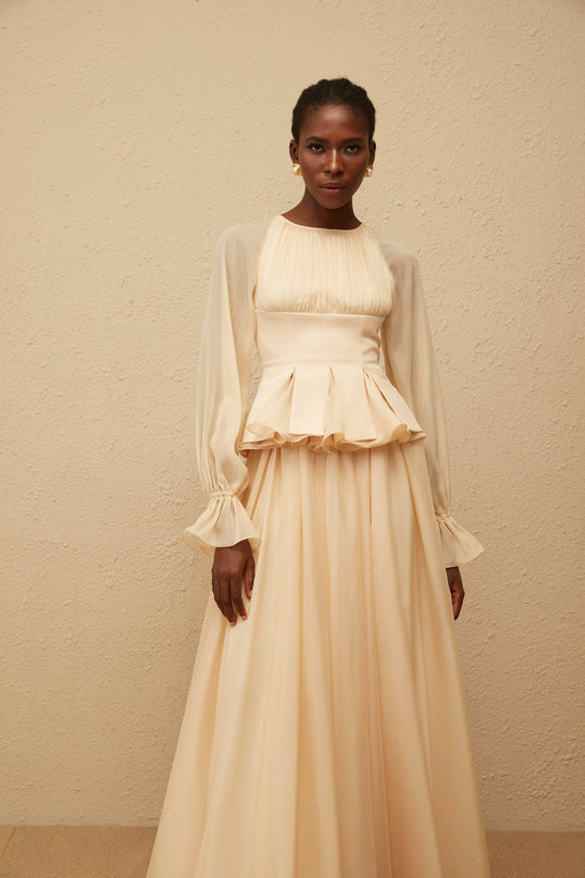 Zéphyrine Neutral Shirred Chiffon Blouse  Skirt Set