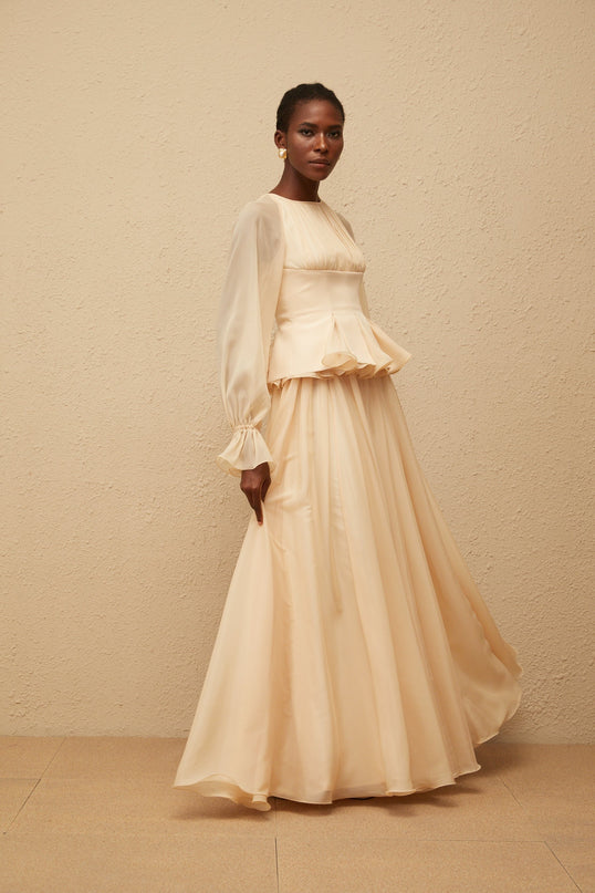 Zéphyrine Neutral Shirred Chiffon Blouse  Skirt Set