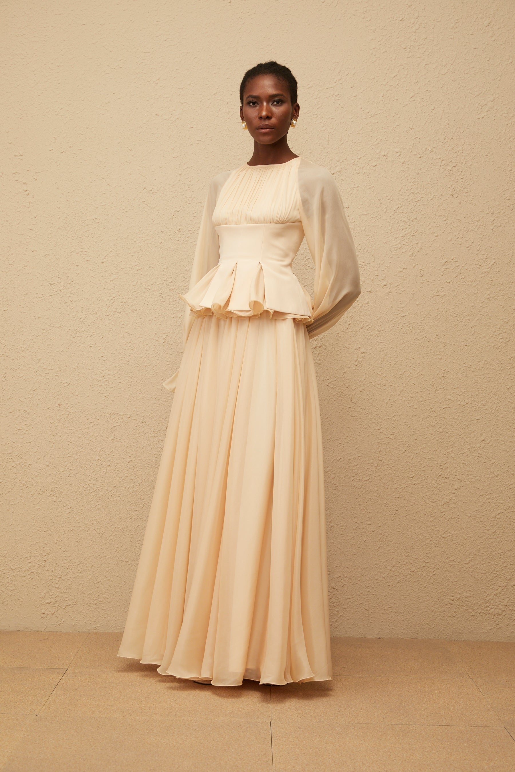 Zéphyrine Neutral Shirred Chiffon Blouse  Skirt Set
