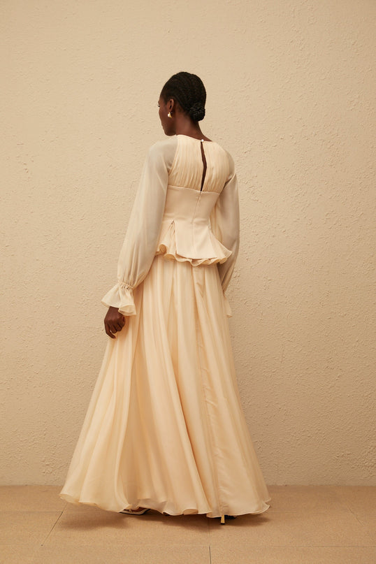 Zéphyrine Neutral Shirred Chiffon Blouse  Skirt Set