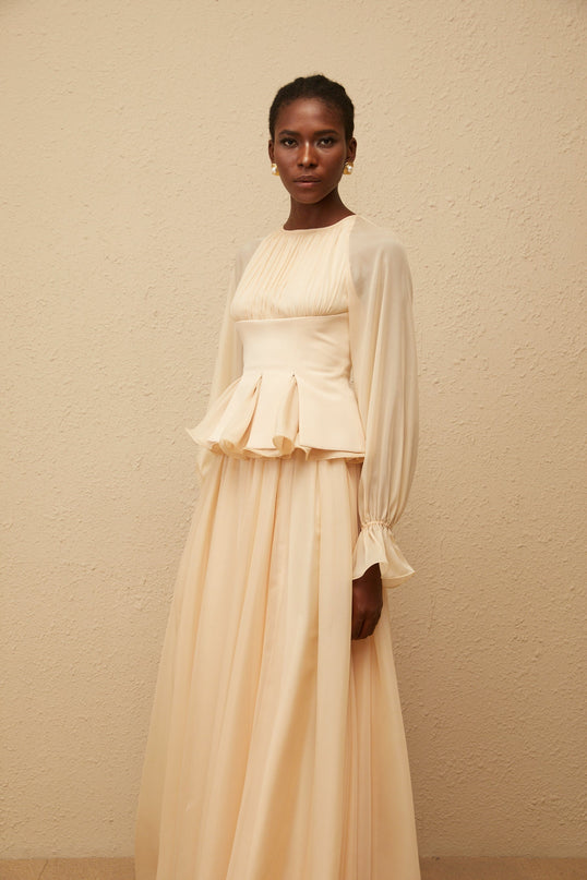 Zéphyrine Neutral Shirred Chiffon Blouse  Skirt Set