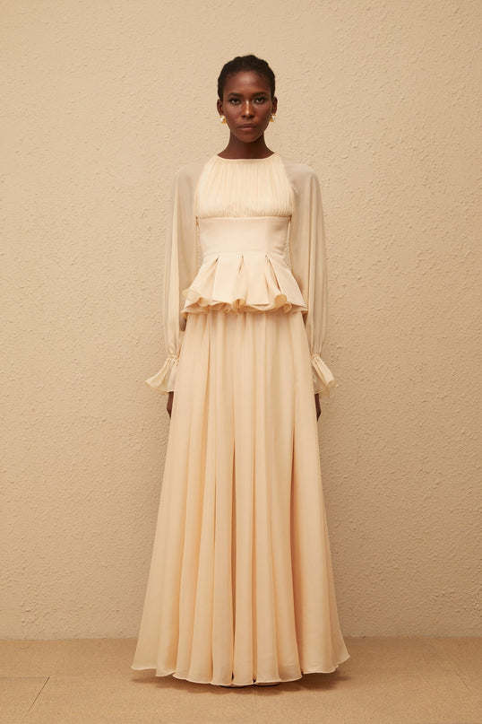 Zéphyrine Neutral Shirred Chiffon Blouse  Skirt Set