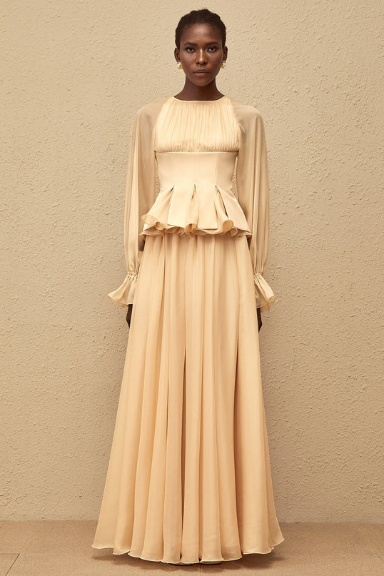 Zéphyrine Neutral Shirred Chiffon Blouse  Skirt Set