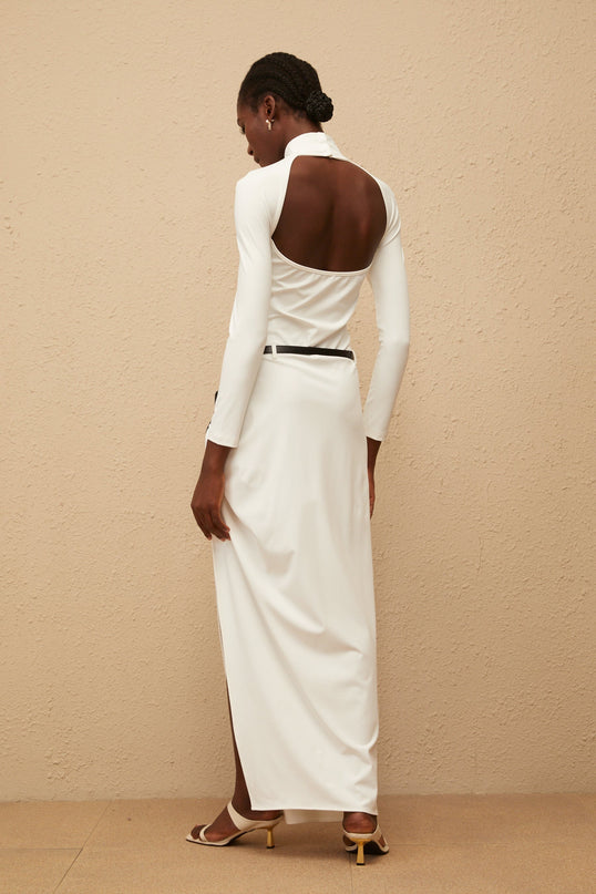 Zephyrine White Gathered OpenBack Maxi Dress