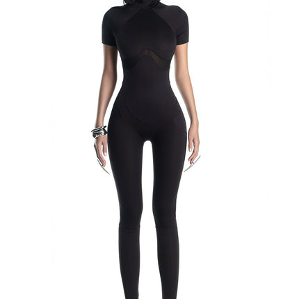 Zéro Black Short Sleeve Catsuit in luxurious stretch jersey with mock neck detail and mesh panel