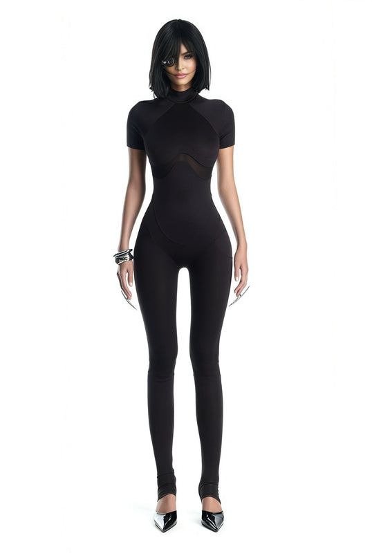 Zéro Black Short Sleeve Catsuit in luxurious stretch jersey with mock neck detail and mesh panel