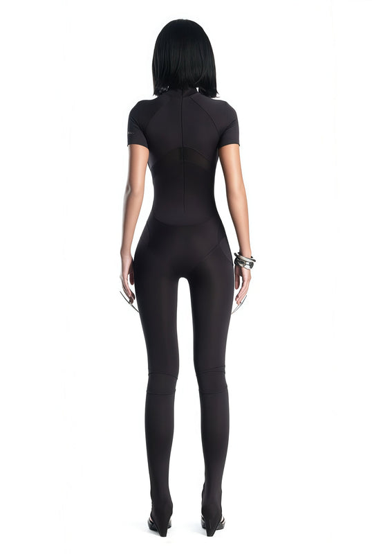 Zéro Black Short Sleeve Catsuit in Opulent Stretch Jersey with Mesh Panel and Rear Zip Fastening