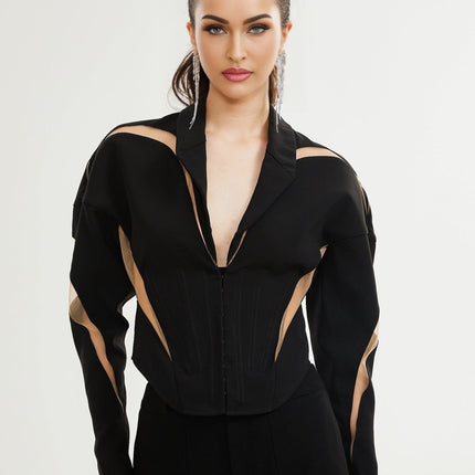 Zita Black Corset Style Jacket with Mesh Panels and Peak Lapels