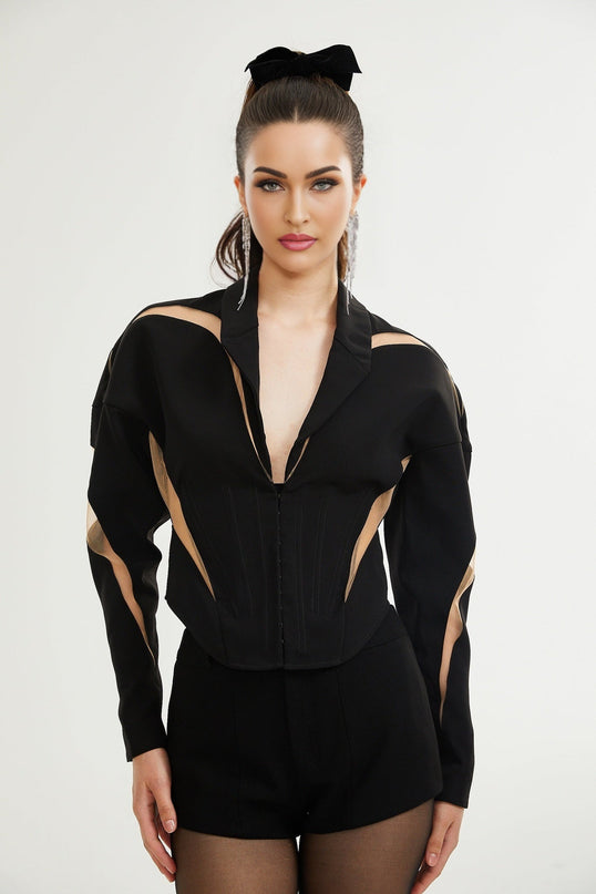 Zita Black Corset Style Jacket with Mesh Panels and Peak Lapels