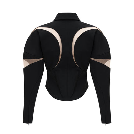 Zita Black Corset Style Jacket with Mesh Panels and Peak Lapels