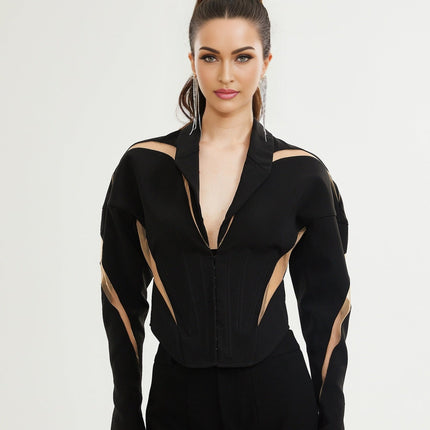 Zita Black Corset Style Panelled Jacket with Mesh Panels and Peak Lapels