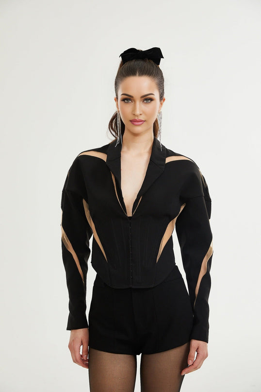 Zita Black Corset Style Panelled Jacket with Mesh Panels and Peak Lapels