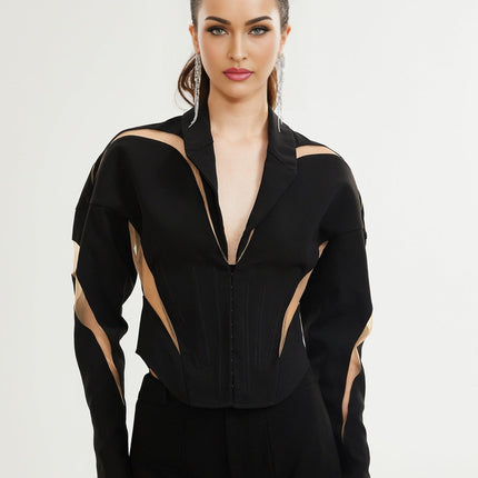 Zita Black Jacket with Corset-Style Bodice and Semi-Sheer Mesh Panels