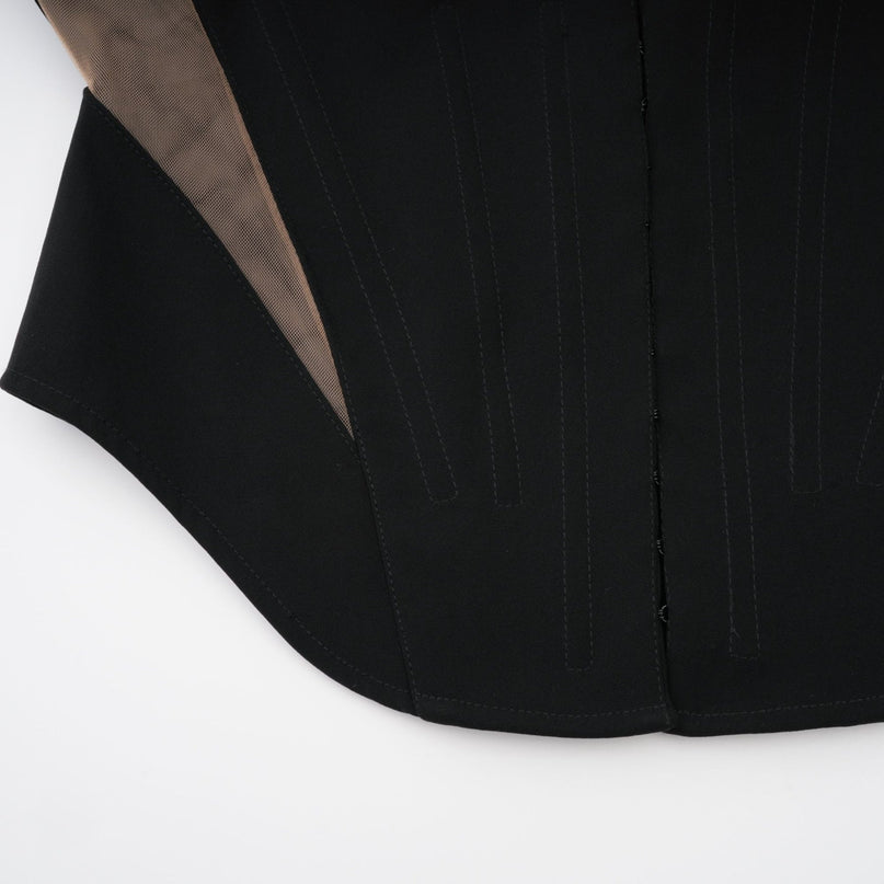 Zita Black Corset Style Jacket with Mesh Panels and Peak Lapels