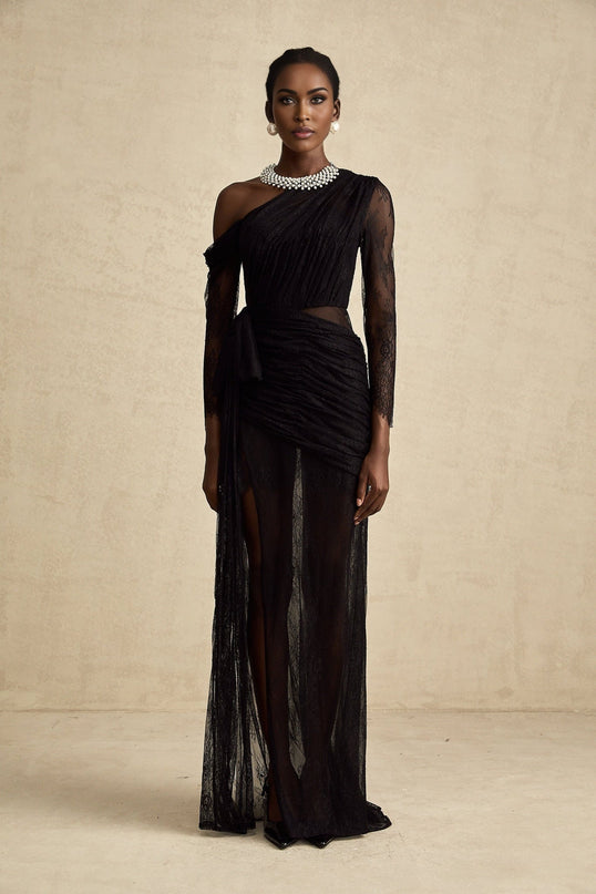 Zita Black Lace One-Shoulder Maxi Dress with High Slit and Cut-Out Accents