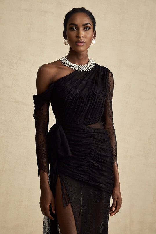 Zita Black Lace One-Shoulder Maxi Dress with High Slit and Cut-Out Accents