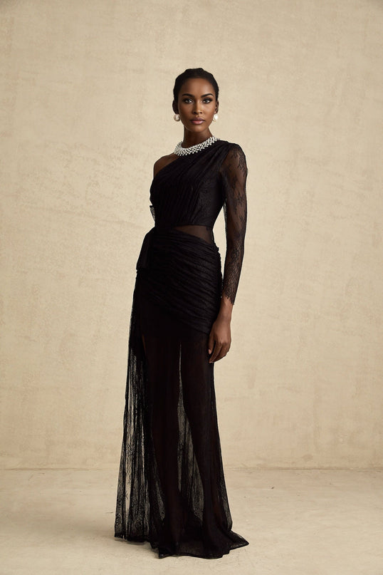 Zita Black Lace One-Shoulder Maxi Dress with High Slit and Cut-Out Accents