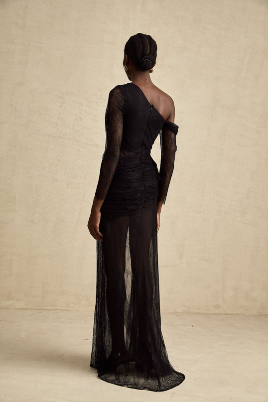Zita Black Lace One-Shoulder Maxi Dress with High Slit and Cut-Out Accents