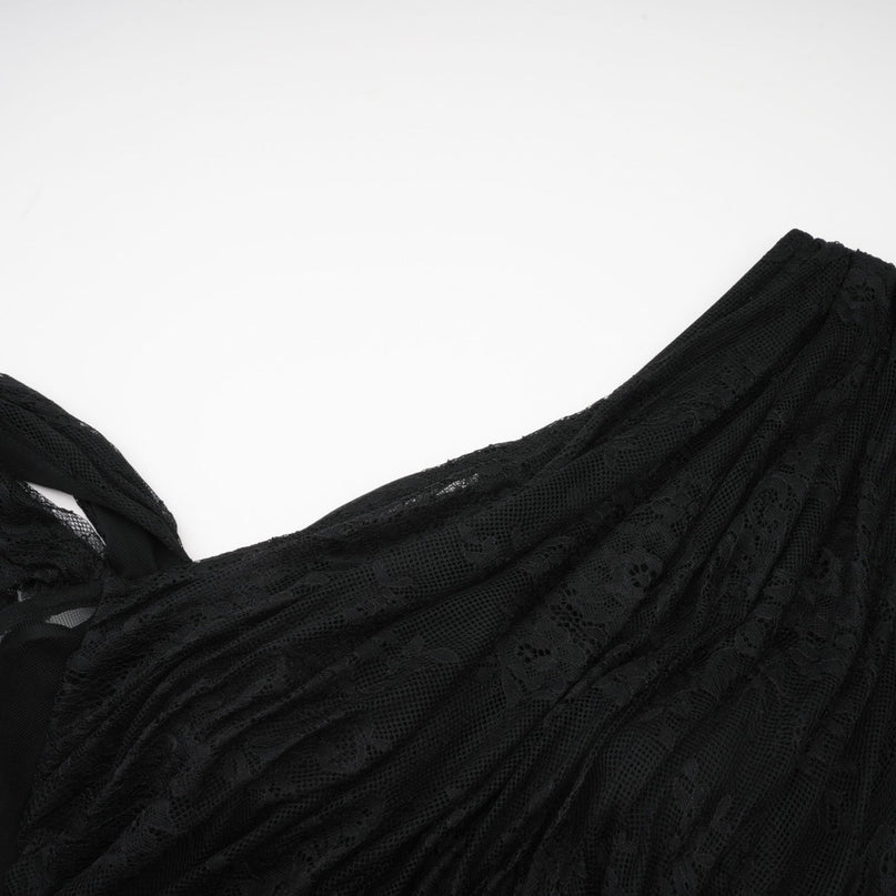 Zita Black One-Shoulder Lace Maxi Dress with High Slit and Cut-Out Accents