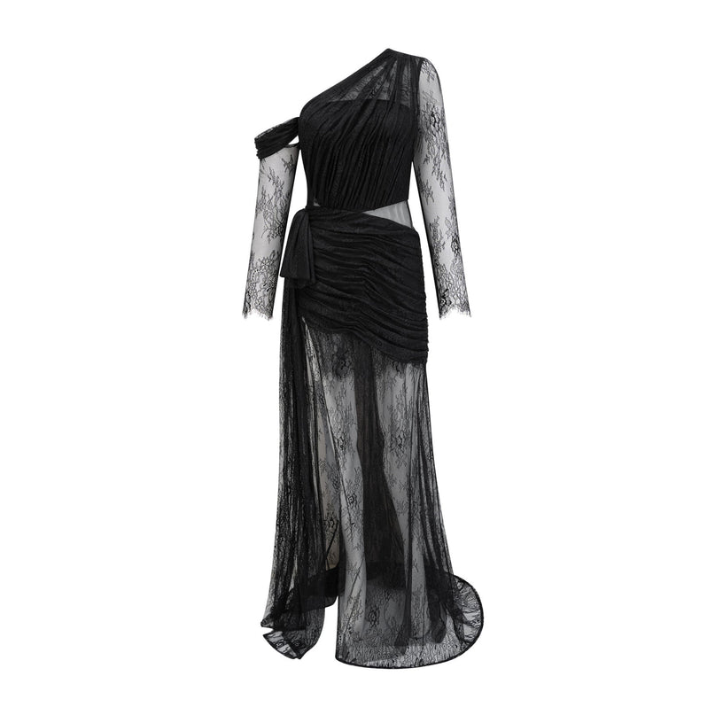 Zita Black One-Shoulder Lace Maxi Dress with High Slit and Cut-Out Accents