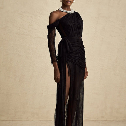Zita Black One Shoulder Lace Maxi Dress