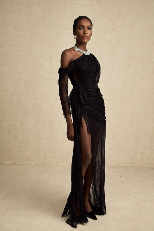 Zita Black One-Shoulder Lace Maxi Dress with High Slit and Cut-Out Accents