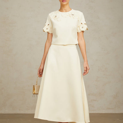 Zita Neutrals 3D Petal Crystal Embellished Skirt Top Set Terylene Fiber A-Line Silhouette Calf Length