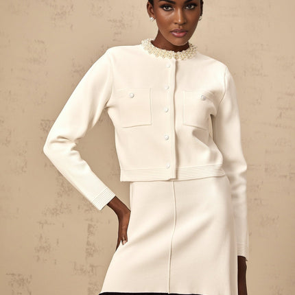 Zita White Knitted Cardigan Faux Pearl Embellishments Round Neck Sleeveless Luxury Terylene Fiber