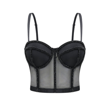 Zoe Black Corset Top Polyester Spaghetti Straps Embellished Design Sleeveless Cropped Length Rear Zip Fastening
