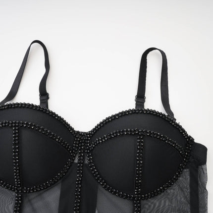 Zoe Black Corset Top Polyester Spaghetti Strap Embellished Sleeveless Rear Zip Fastening Crop Length Glamour Refinement