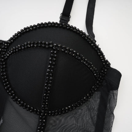 Zoe Black Corset Top Polyester Spaghetti Strap Embellished Sleeveless Crop Rear Zip Fastening Glamour Refinement