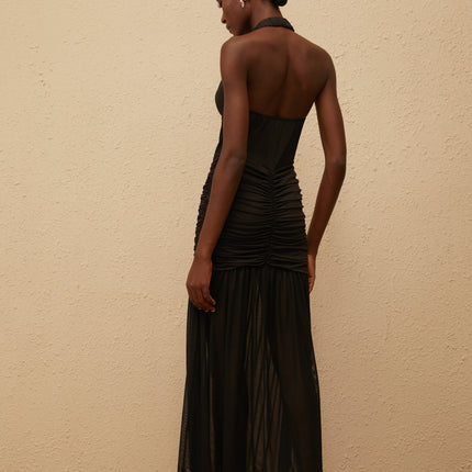 Zoe Black Halterneck Maxi Dress with Mesh Paneling and Ruched Detailing