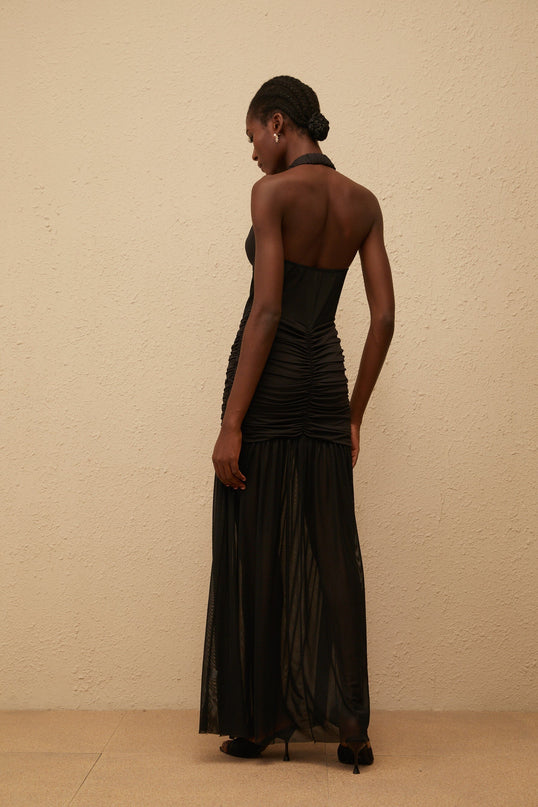 Zoe Black Halterneck Maxi Dress with Mesh Paneling and Ruched Detailing