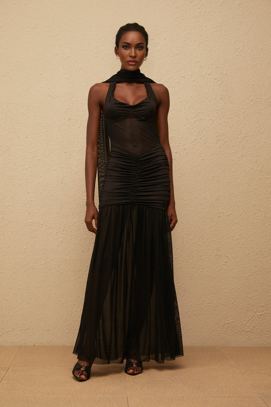 Zoe Black Halterneck Mesh Panel Maxi Dress with Side Slit