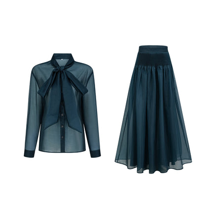 Zoé darkgreen ribbon tieneck shirt  skirt matching set