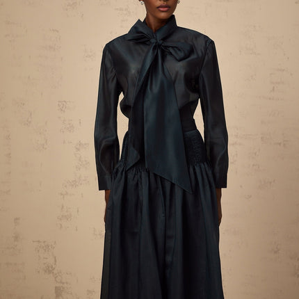 Zoé darkgreen ribbon tieneck shirt  skirt matching set