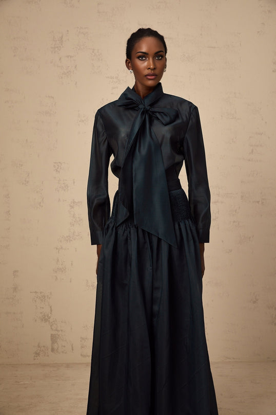 Zoé darkgreen ribbon tieneck shirt  skirt matching set