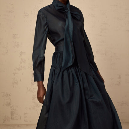 Zoé darkgreen ribbon tieneck shirt  skirt matching set