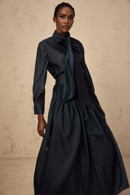 Zoé darkgreen ribbon tieneck shirt  skirt matching set