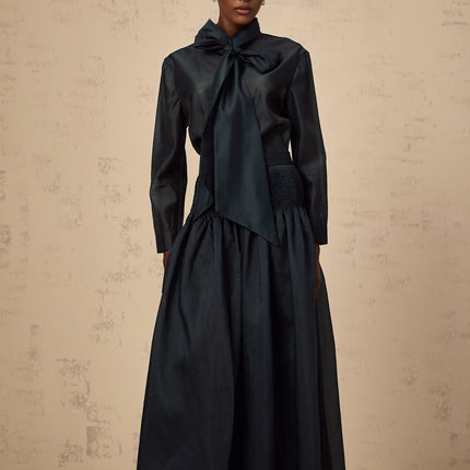 Zoé darkgreen ribbon tieneck shirt  skirt matching set