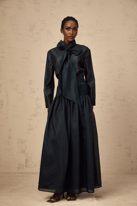 Zoé darkgreen ribbon tieneck shirt  skirt matching set