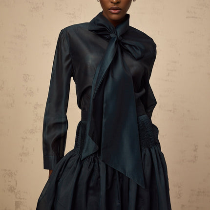 Zoé darkgreen ribbon tieneck shirt  skirt matching set