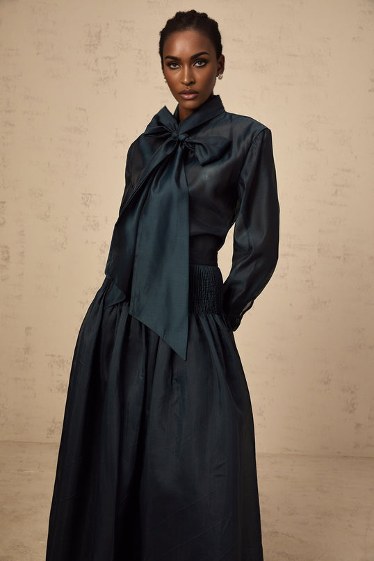 Zoé darkgreen ribbon tieneck shirt  skirt matching set