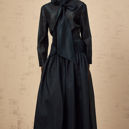 Zoé darkgreen ribbon tieneck shirt  skirt matching set