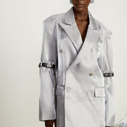 Zoe Grey Metallic Arm Belted Blazer with Peak Lapels and Flap Pockets